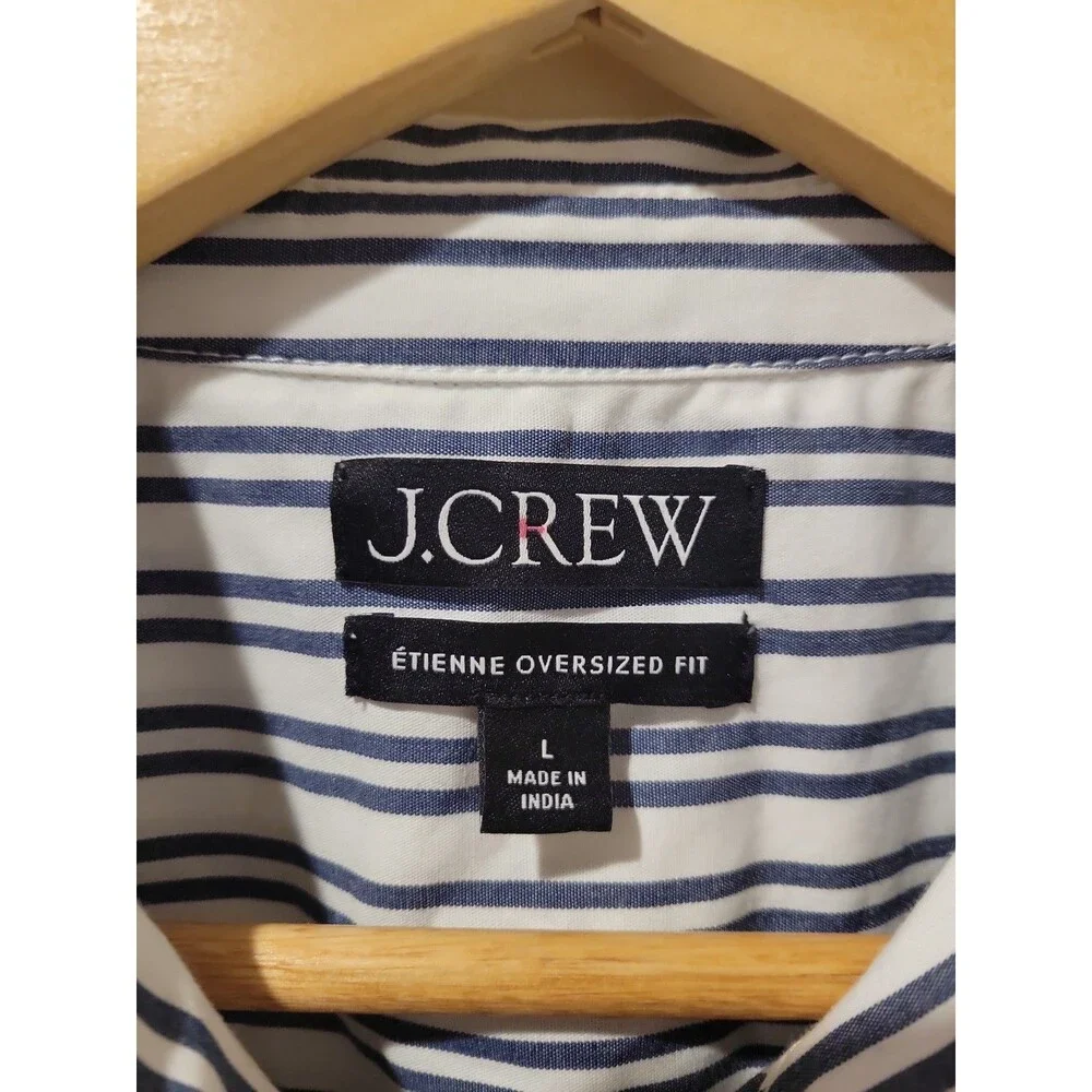 J. Crew Women's Etienne Oversized Shirt White Blue Stripe 100% Cotton Poplin L